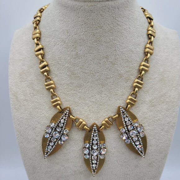 J Crew Vintage Art Deco Gold Tone Clear Crystal Statement Necklace - Picture 1 of 9